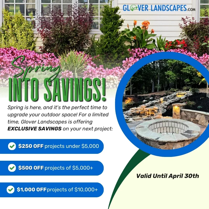 Landscaping offer flyer showing colorful plants and a stone fire pit. Text details discounts on projects: $250 off under $5,000, $500 off $5,000+, $1,000 off $10,000+. Valid until April 30th.