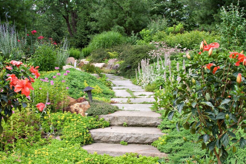 10 Inspiring Ideas for Building a Garden Path in Your Yard 9 Building a stone garden path through a colorful array of flowers.