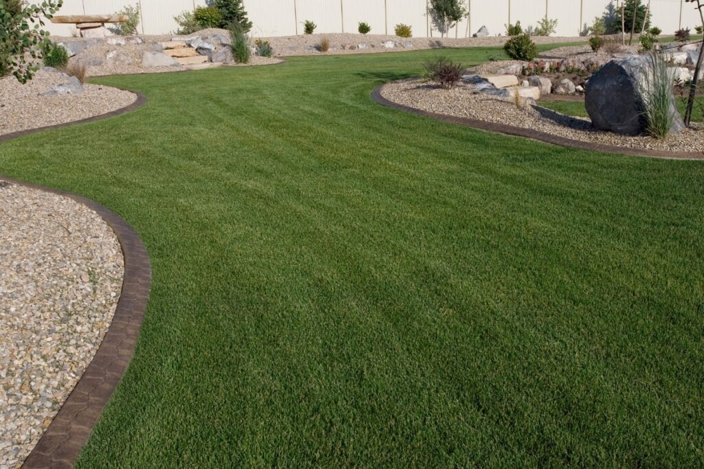 A yard grading with grass and rocks in the middle.
