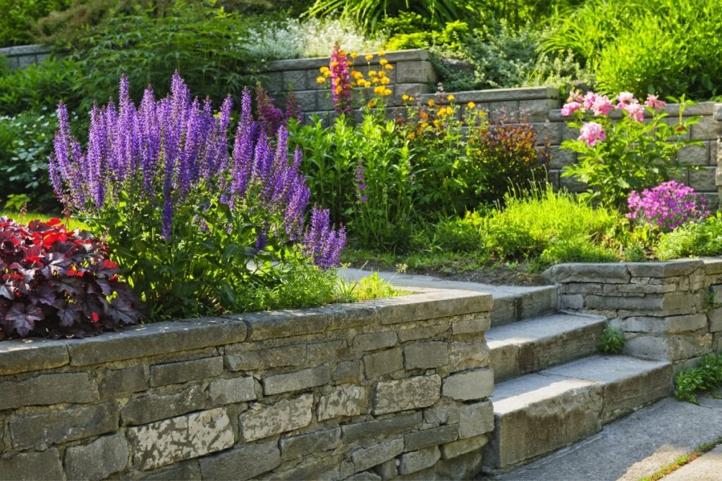 A stone staircase leads through a lush, tiered garden filled with various blooming flowers&mdash;purple, yellow, and pink blossoms&mdash;surrounded by green foliage, enhancing the landscaping and boosting property value.