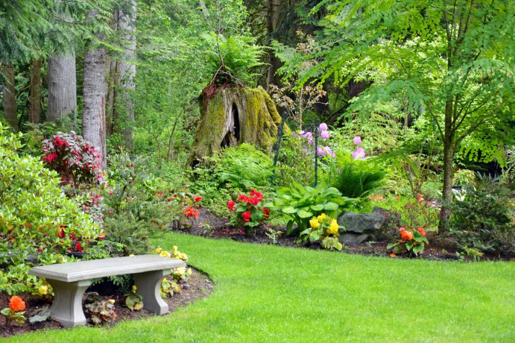 Lush garden with a variety of plants and flowers, featuring wildlife-friendly landscaping, a stone bench, and a green, moss-covered hut surrounded by tall trees.