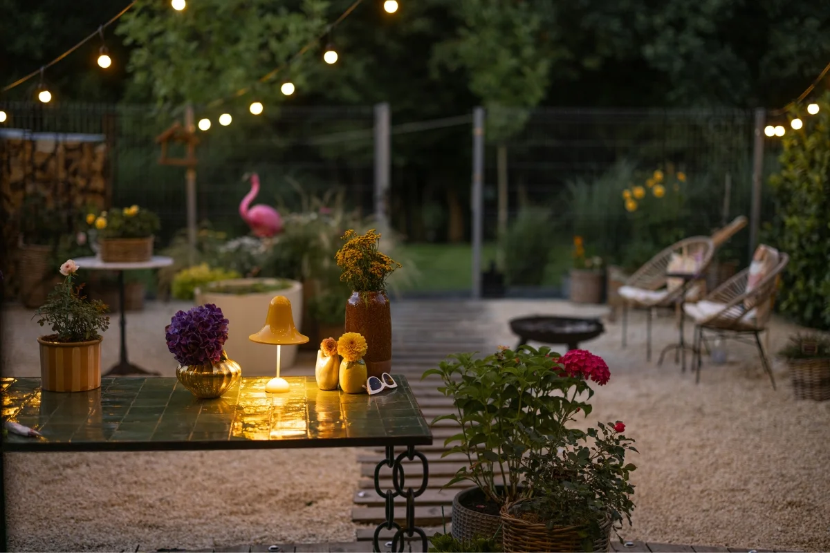 A garden scene with a green table holding flowers and a small lamp. Two chairs and a fire pit are in the background. String lights, a pink flamingo decoration, and greenery enhance this cozy outdoor entertainment space.