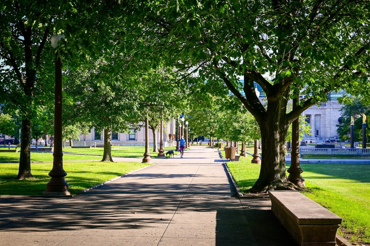 A sunlit path lined with trees and benches in a community green space leads to distant columns. A couple walks down the path, casting shadows on the pavement.