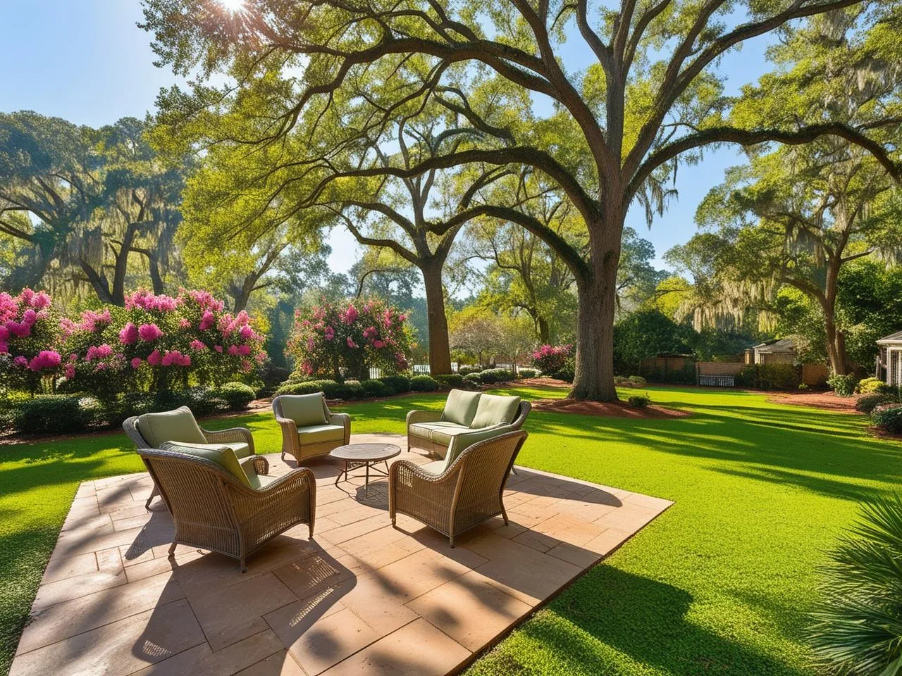 A serene patio with wicker chairs and a table on a stone platform, surrounded by a lush green lawn, blooming pink flowers, and large trees under a bright blue sky&mdash;a perfect illustration of how to lay pavers to enhance your outdoor oasis.