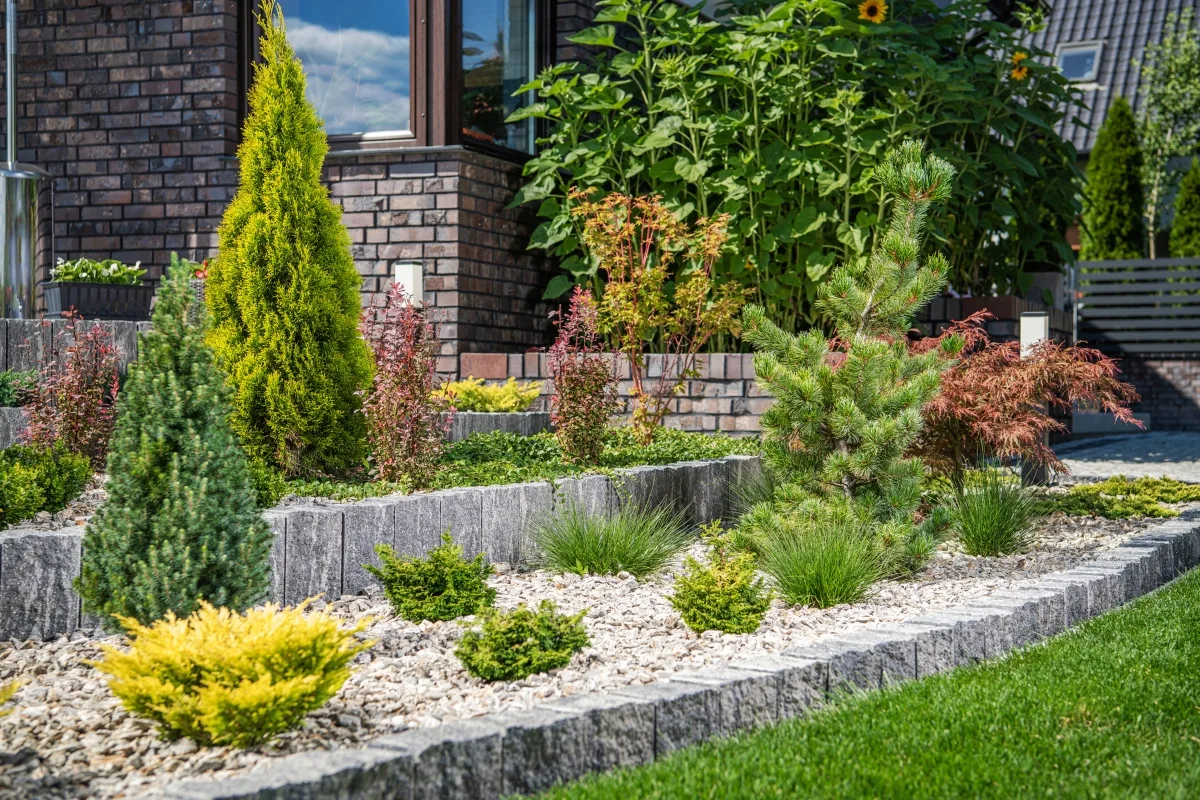 Front Yard Makeover: Transform Your Home With Low-Maintenance Landscaping Ideas 4 A neatly landscaped front yard makeover features a variety of shrubs, small trees, and ornamental grasses bordered by a stone wall in front of a brick building.