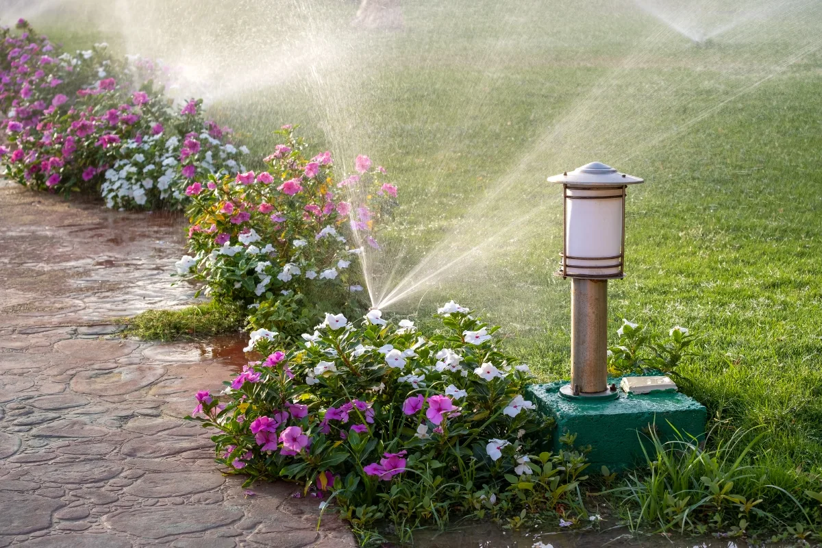 Front Yard Makeover: Transform Your Home With Low-Maintenance Landscaping Ideas 6 A garden sprinkler waters pink and white flowers near a paved path in a stunning front yard makeover, with a small garden lamp adding charm nearby.
