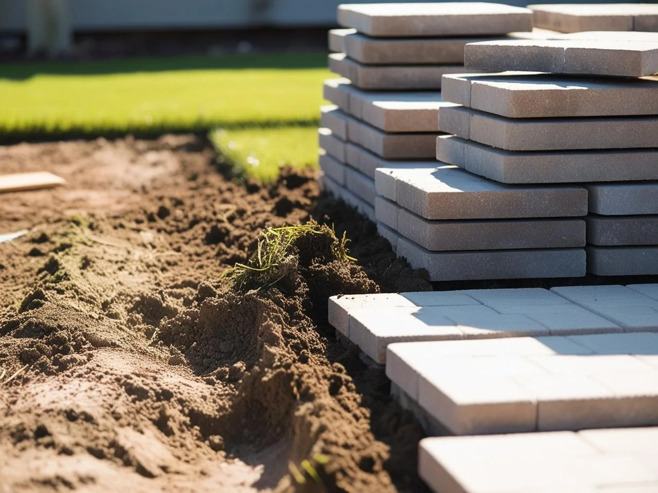 Stacks of paving stones next to a construction site, offering a perfect scene for learning how to lay pavers, with visible soil and grass enhancing the setting.