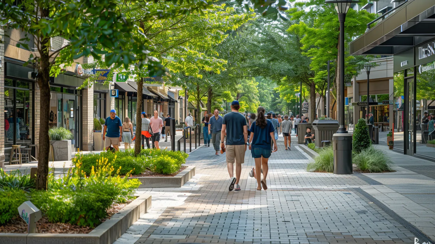 Boosting Your Business Image with Commercial Hardscapes in Sandy Springs 1 A bustling Sandy Springs mixed-use development with wide, decorative pavers, bollard lighting, and wayfinding signs. People stroll comfortably, and outdoor kiosks thrive in the durable space.