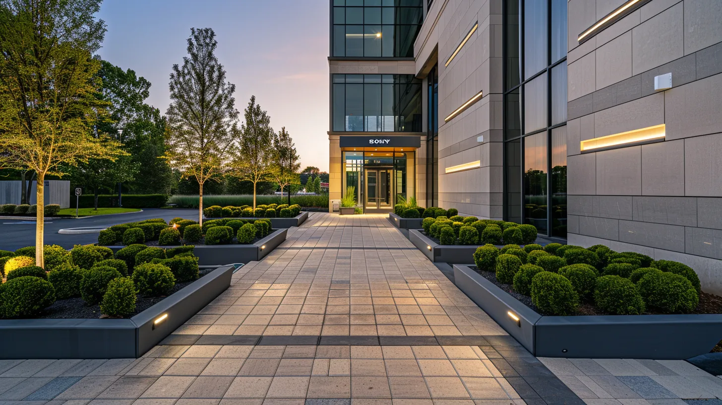 Boosting Your Business Image with Commercial Hardscapes in Sandy Springs 5 A sleek, modern commercial building in Sandy Springs with a grand entrance featuring interlocking concrete pavers, manicured shrubs, and elegant lighting. The walkway leads to glass doors.