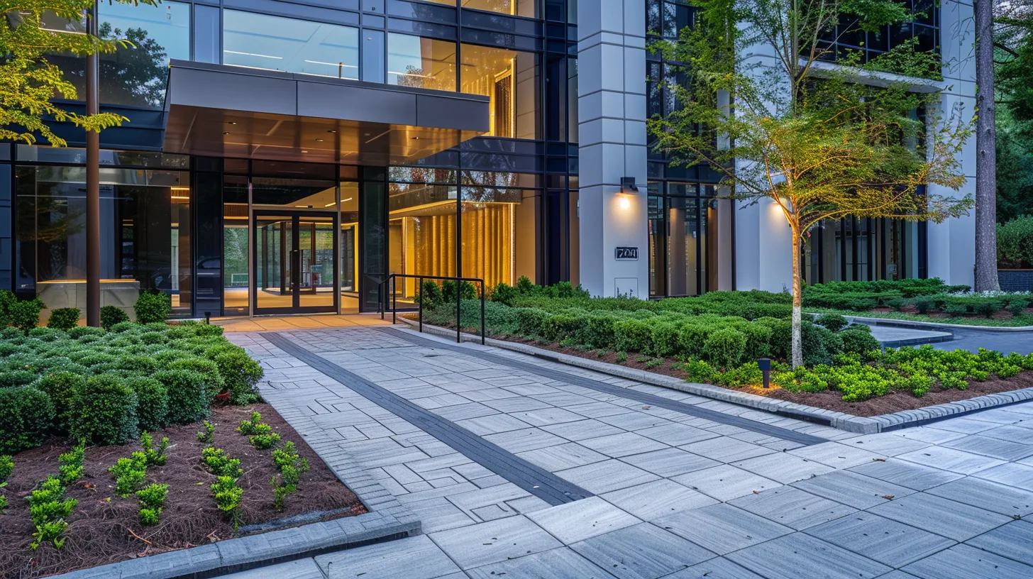 Boosting Your Business Image with Commercial Hardscapes in Sandy Springs 4 A sleek, modern commercial building in Sandy Springs with a grand entrance featuring interlocking concrete pavers, manicured shrubs, and elegant lighting. The walkway leads to glass doors.