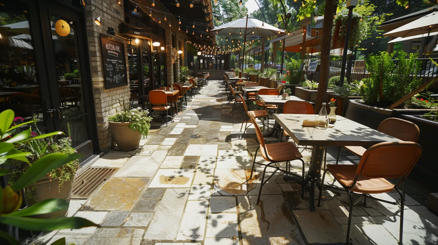 Boosting Your Business Image with Commercial Hardscapes in Sandy Springs 3 A chic patio hardscape outside a Sandy Springs café, with stone-topped tables, decorative permeable pavers, and string lights overhead. Customers enjoy coffee in a stylish, Instagram-worthy space.