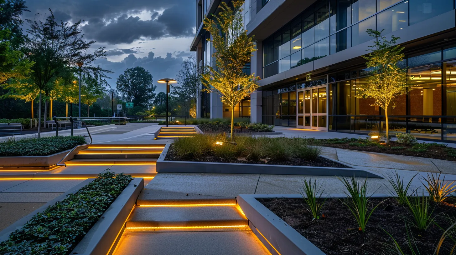 Boosting Your Business Image with Commercial Hardscapes in Sandy Springs 6 A Sandy Springs office park after dark, with LED-lit pavers, recessed step lights, and illuminated planters. The glow enhances safety and curb appeal.