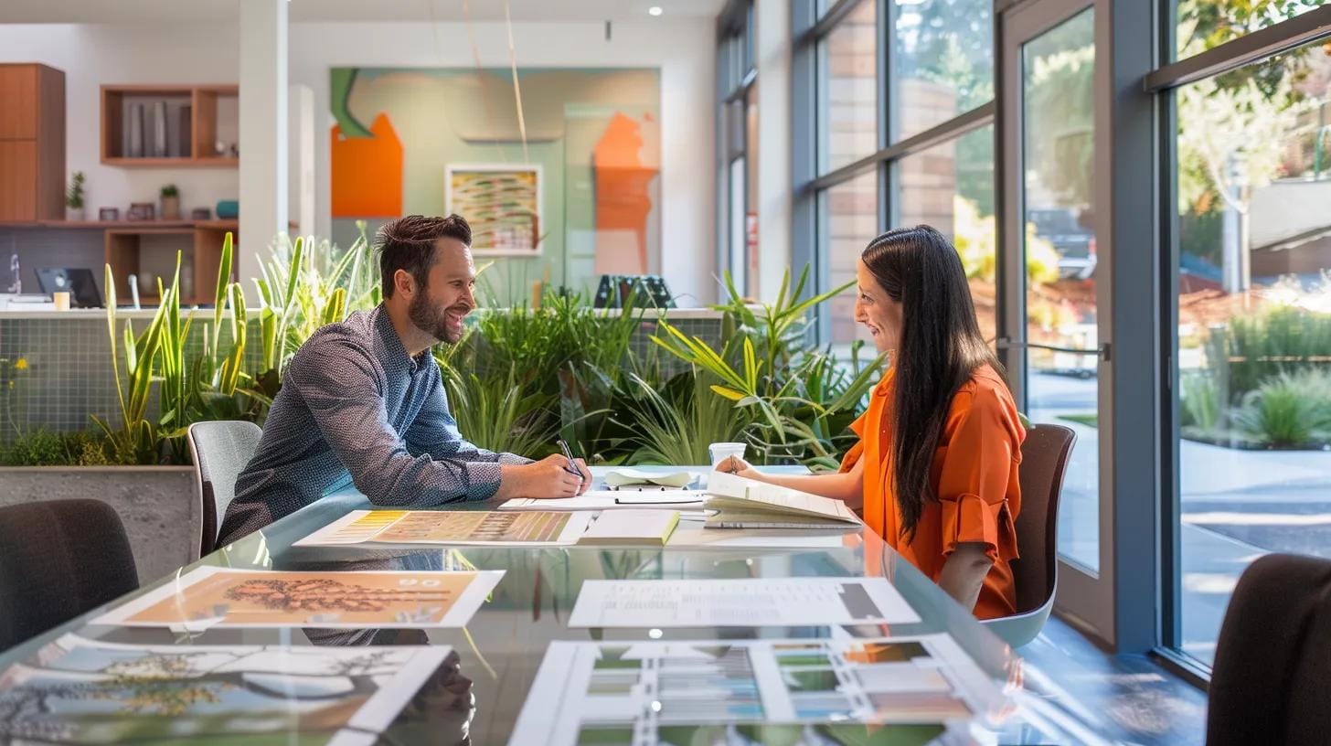 Rain Gardens in Marietta: Boosting Commercial Property Value with Professional Design 10 a confident homeowner consults with a knowledgeable rain garden professional in a modern, well-lit office, surrounded by design plans and materials, emphasizing the importance of expertise in creating sustainable landscapes.