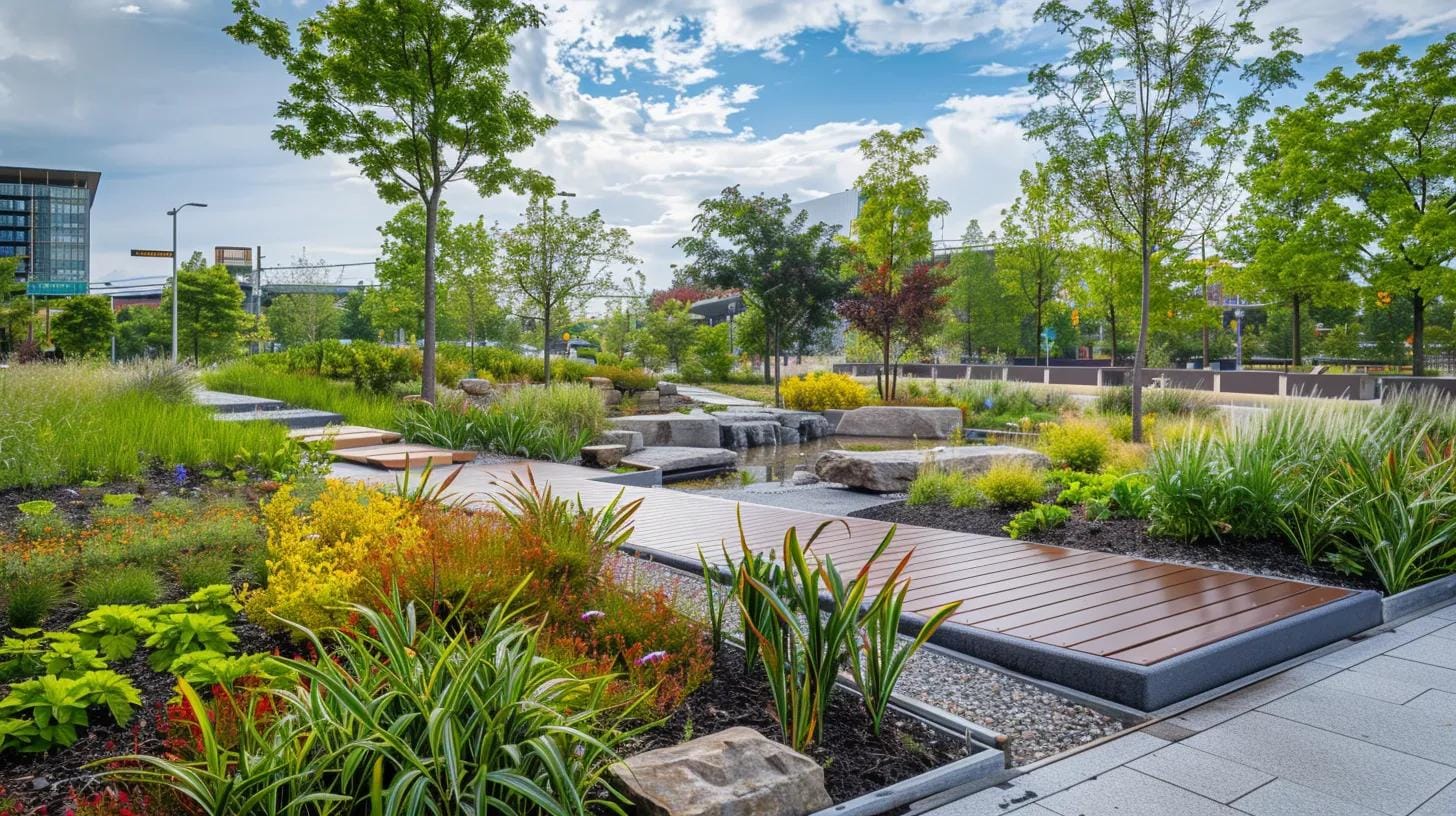 Rain Gardens in Marietta: Boosting Commercial Property Value with Professional Design 4 a meticulously designed commercial landscape features strategically placed rain gardens, showcasing dynamic contours and vibrant native plants, with a sleek urban backdrop that emphasizes effective stormwater management.