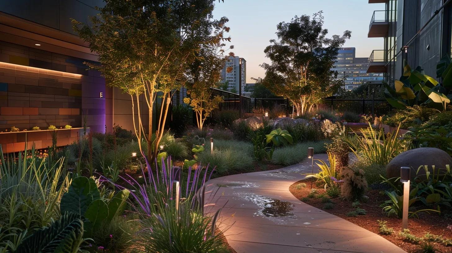 Rain Gardens in Marietta: Boosting Commercial Property Value with Professional Design 1 a modern urban commercial property features a meticulously designed rain garden, showcasing vibrant native plants and strategic water management elements that enhance its aesthetic appeal and property value under bright city lights.