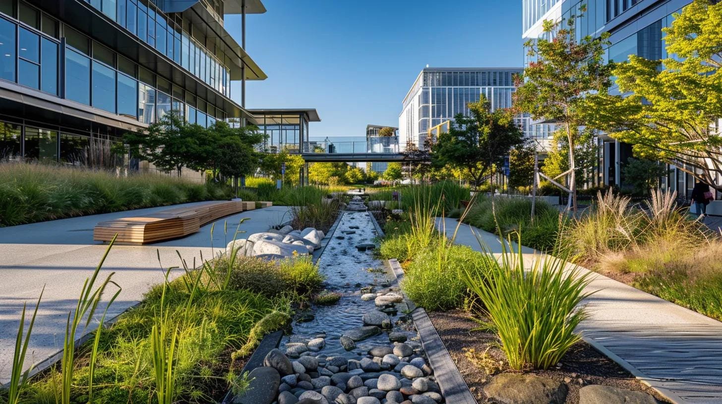 Rain Gardens in Marietta: Boosting Commercial Property Value with Professional Design 8 a modern urban landscape showcases a beautifully designed rain garden integrated into the city’s stormwater management system, with vibrant native plants effortlessly filtering runoff, set against sleek buildings and paved walkways under a clear blue sky.
