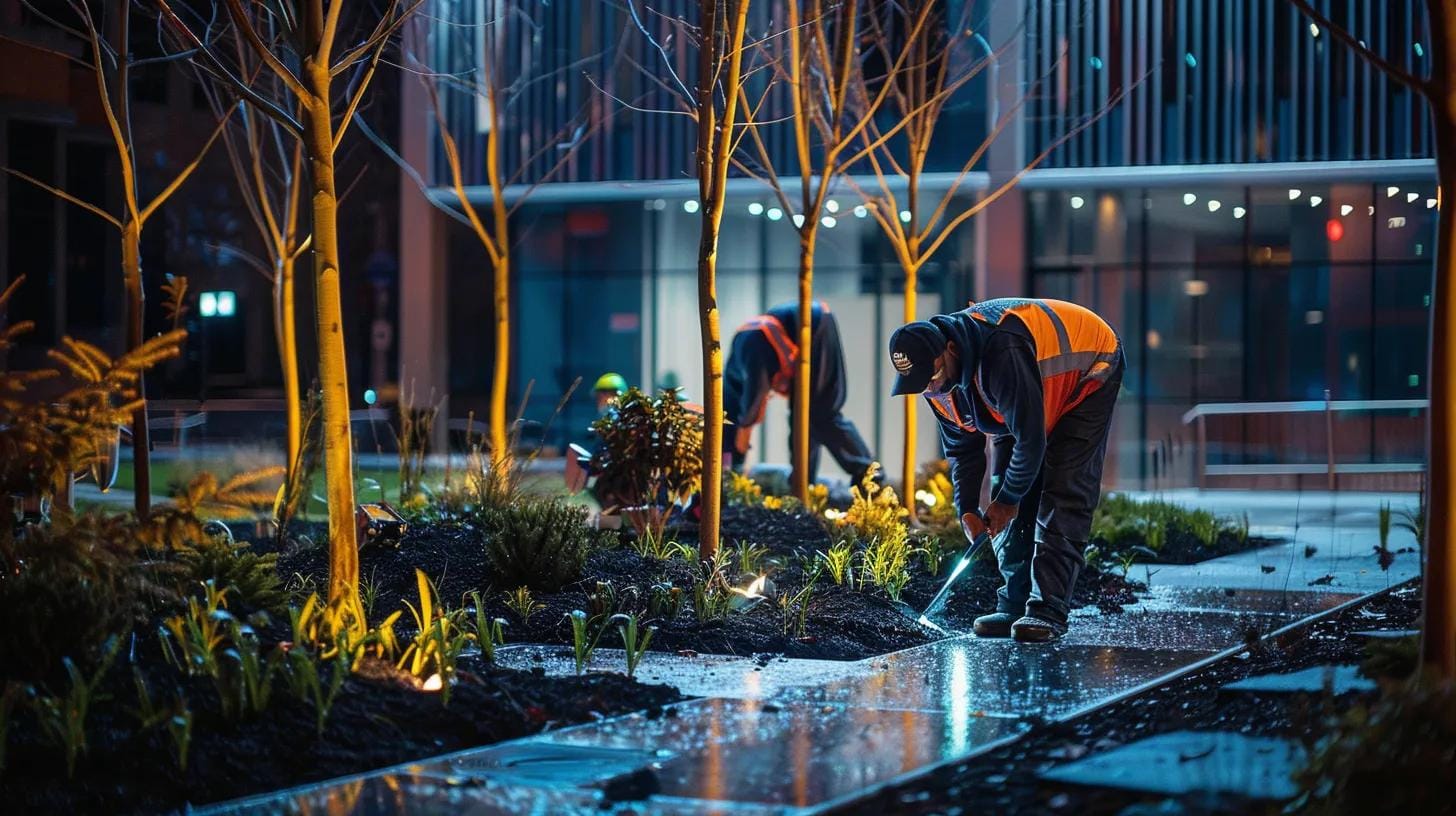 Rain Gardens in Marietta: Boosting Commercial Property Value with Professional Design 6 a professional team meticulously installs a commercial rain garden in a sleek urban setting, showcasing advanced drainage systems and stylish hardscape elements under bright, focused artificial lighting.