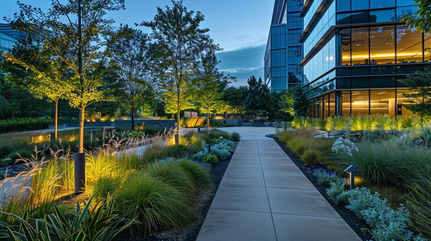 Rain Gardens in Marietta: Boosting Commercial Property Value with Professional Design 2 a sleek, modern commercial property featuring a vibrant rain garden as its centerpiece, showcasing a clear path leading through lush, well-maintained vegetation, illuminated by soft urban lighting, emphasizing the property's enhanced curb appeal and value.