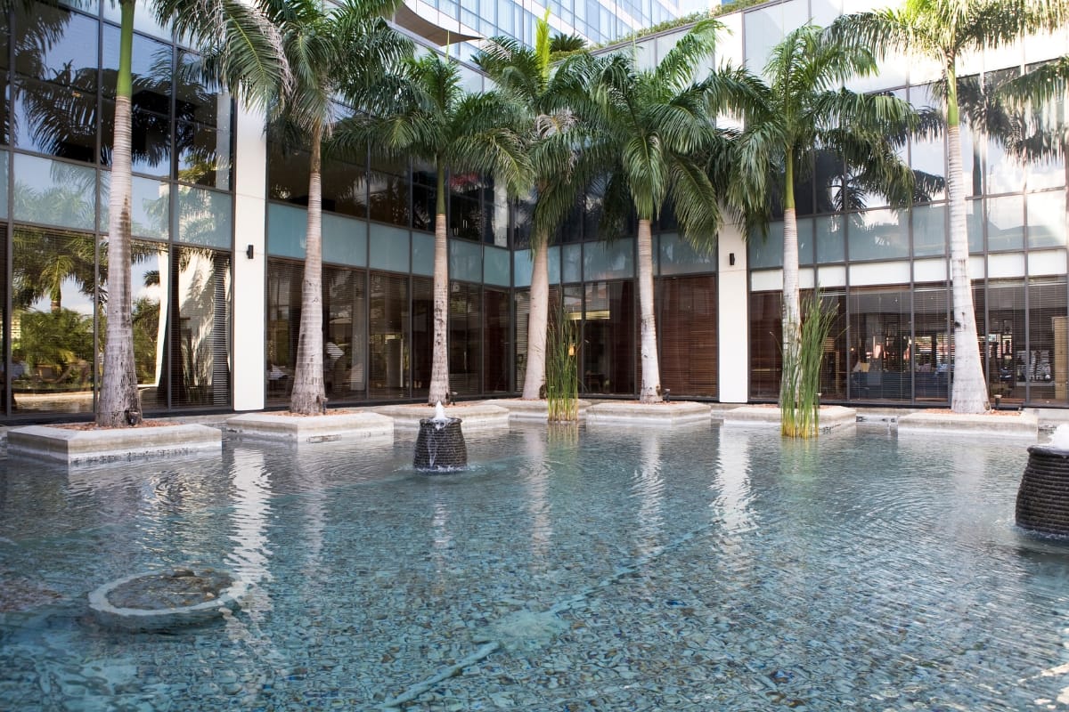 Commercial Water Features in Smyrna: How They Help Attract More Customers 5 A modern building with tall glass windows is fronted by palm trees and a shallow reflecting pool featuring elegant commercial water features and small fountains.