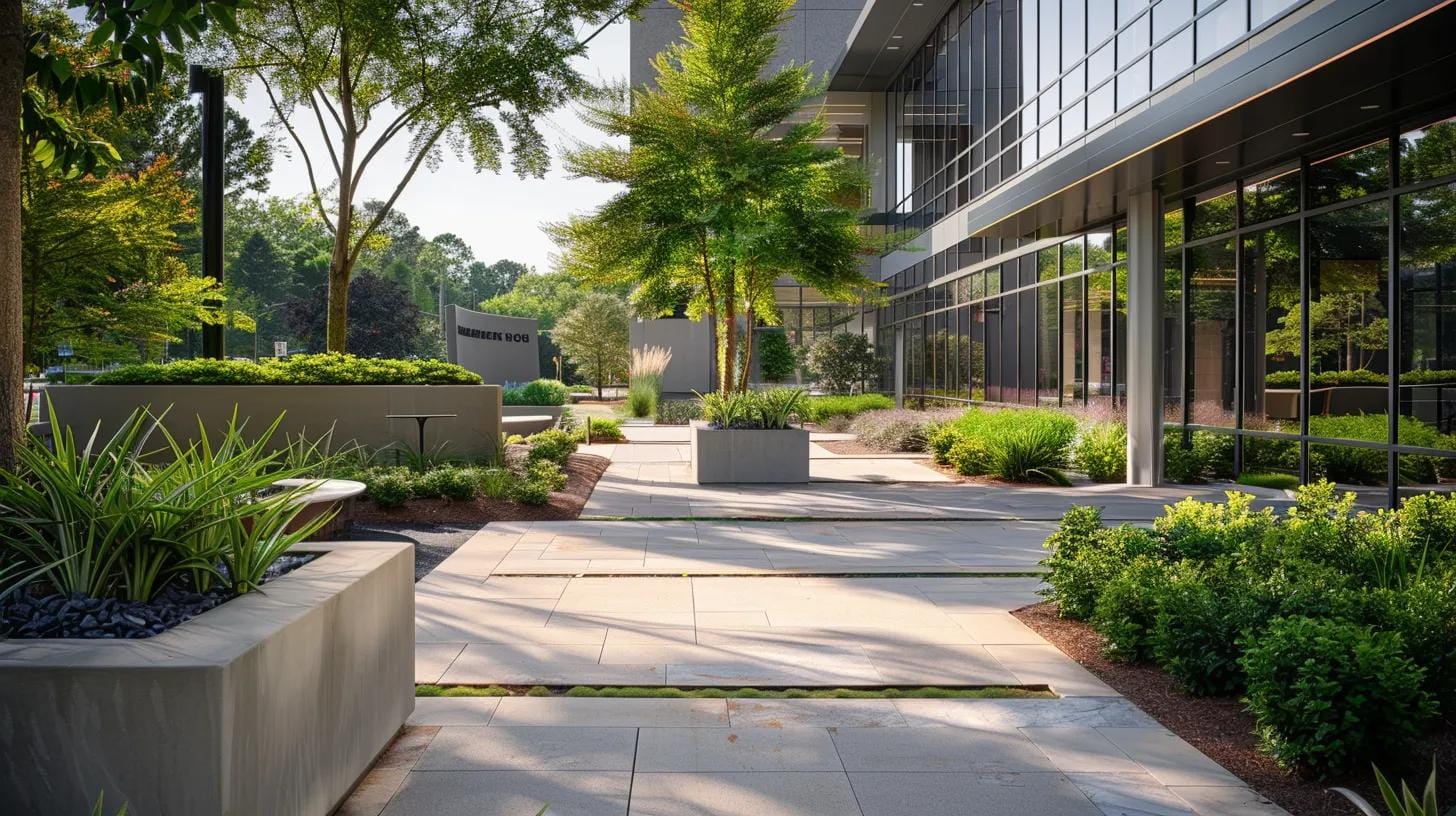 How Commercial Landscaping in Kennesaw Helps Create a Welcoming Business Environment 9 a modern commercial space in kennesaw showcases vibrant, meticulously arranged landscaping elements, including decorative planters and sleek pathways, creating an inviting atmosphere that emphasizes professionalism and warmth for clients and employees alike.