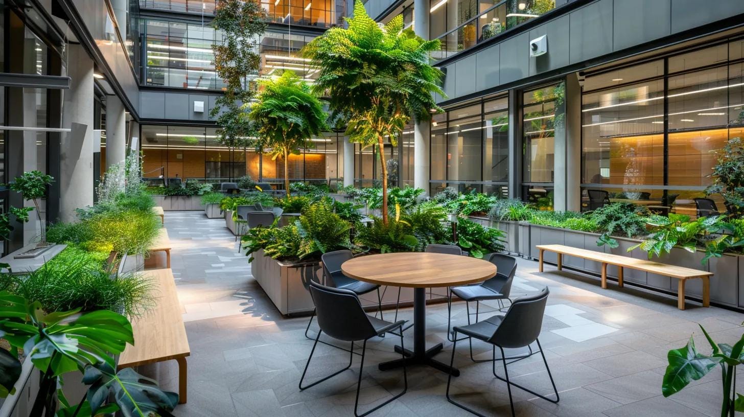 How Commercial Landscaping in Kennesaw Helps Create a Welcoming Business Environment 8 a modern office courtyard featuring inviting green seating areas and vibrant plants, illuminated by soft artificial lighting, demonstrating how thoughtfully designed outdoor spaces can enhance employee well-being and productivity.
