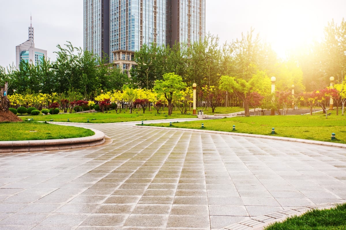 Commercial Landscape Maintenance for Alpharetta Businesses: Why It Matters 2 Paved walkway in a city park with green grass, trees, and modern tall buildings in the background under bright sunlight, showcasing expert commercial landscape maintenance.