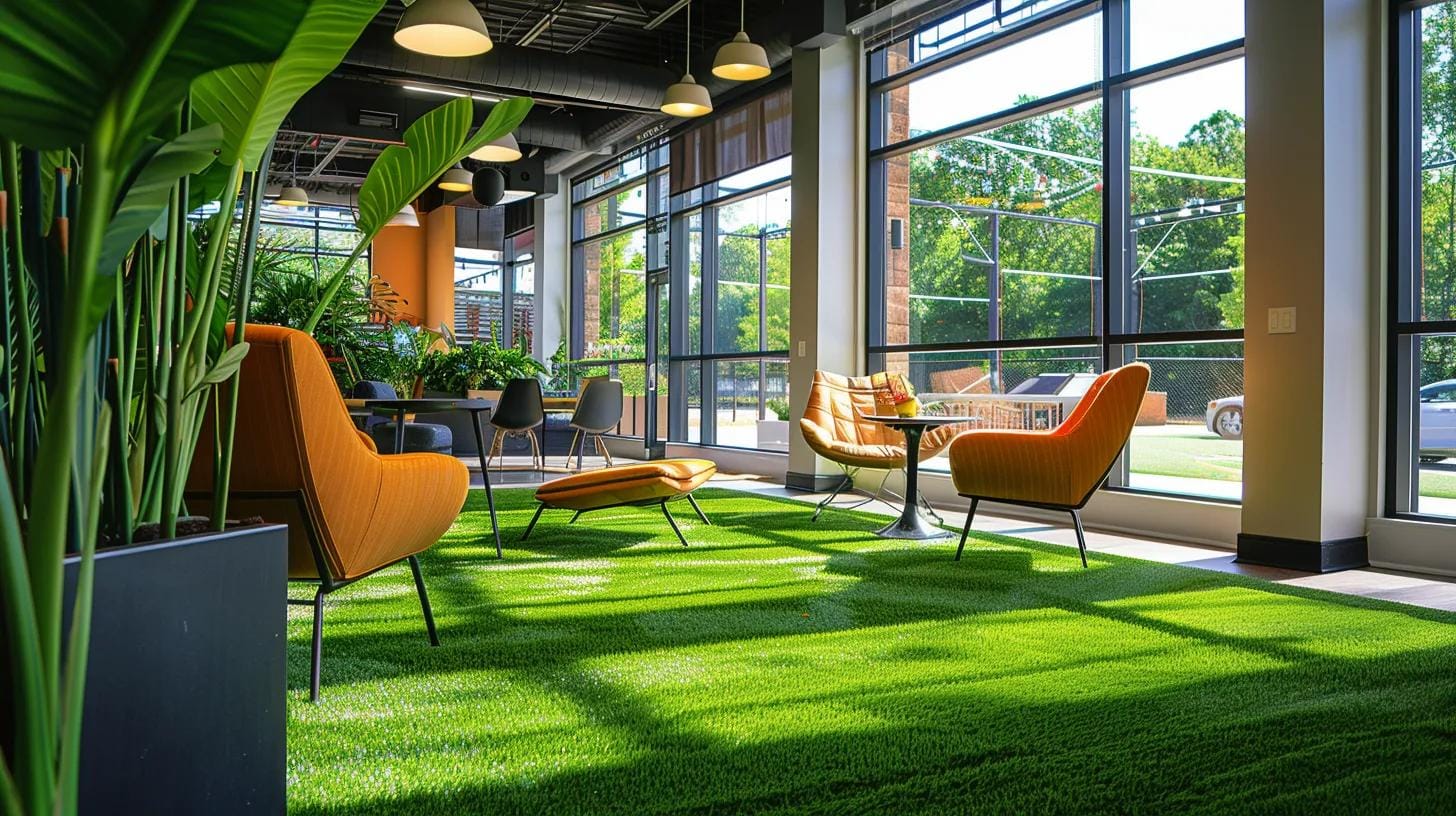 Top Benefits of Artificial Turf in Roswell for Low-Maintenance Commercial Spaces 8 a vibrant, modern commercial space in roswell showcases lush, perfectly manicured artificial turf under bright, overhead lighting, emphasizing its low-maintenance appeal and inviting atmosphere for business clients.