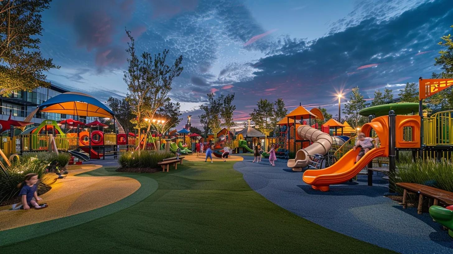 a vibrant commercial playground features lush, realistic artificial turf with a slip-resistant surface, showcasing children playing safely amidst colorful equipment under soft artificial lighting.