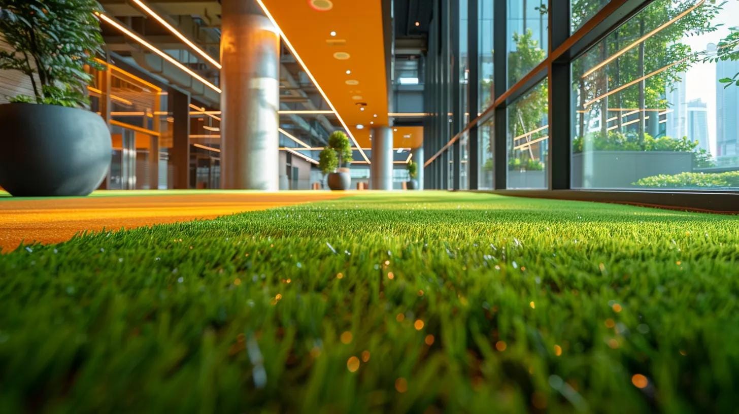 a vibrant urban commercial space showcases the meticulous installation of artificial turf, with skilled professionals preparing the subfloor and aligning sections of lush green grass against a backdrop of modern architecture and sleek design elements.