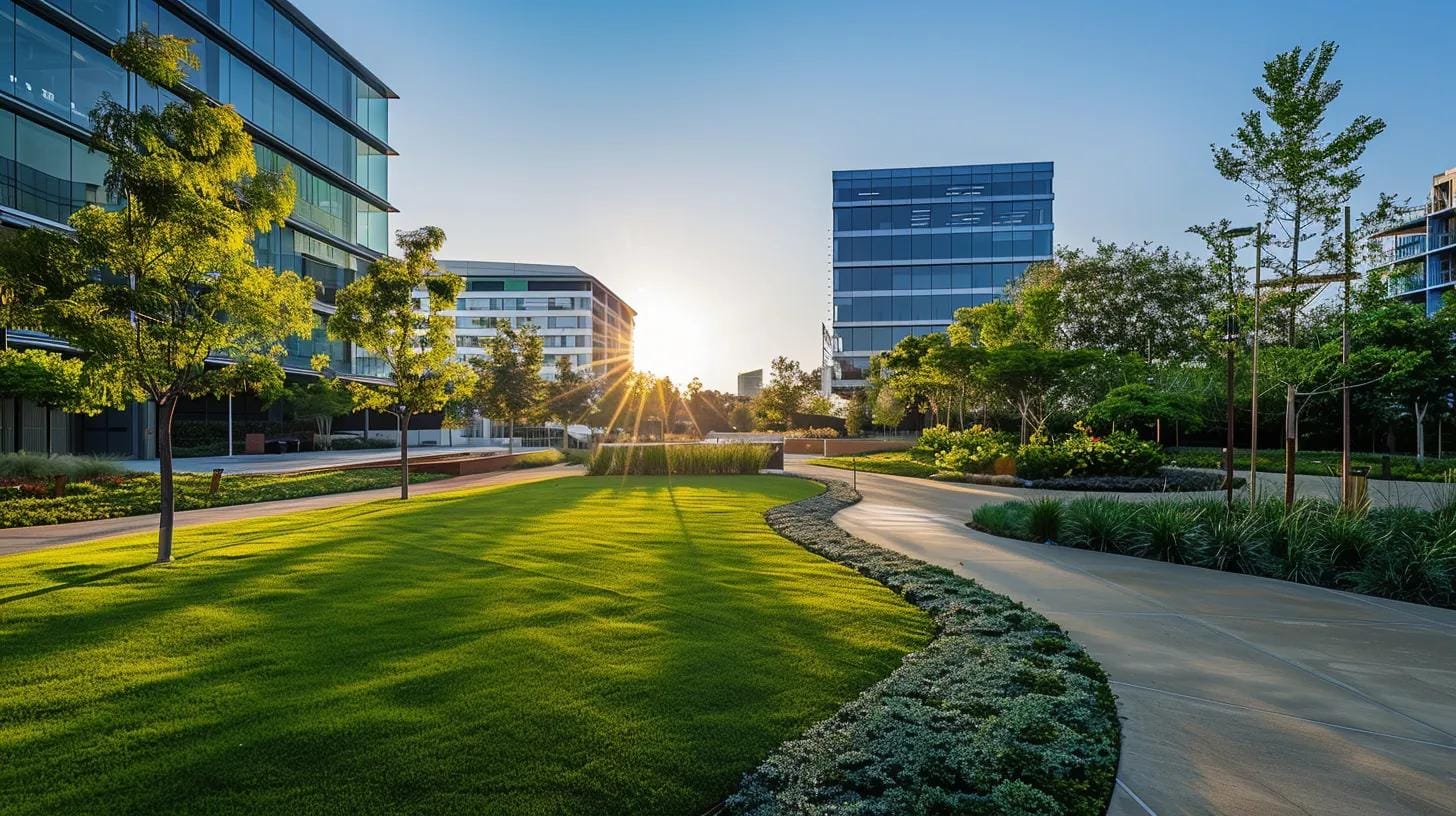 a vibrant urban landscape showcases a modern business park with pristine artificial turf prominently featured, highlighting its water-saving benefits against a backdrop of sunlit office buildings, symbolizing innovation in water conservation.