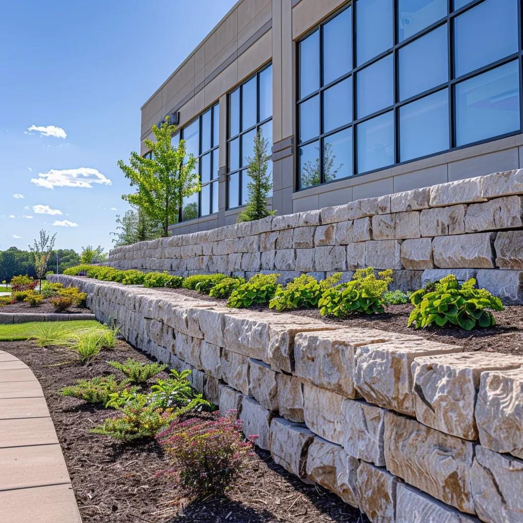 How Commercial Retaining Walls in Sandy Springs Protect Your Business Property 7 Commercial retaining wall made of natural stone in a business landscape