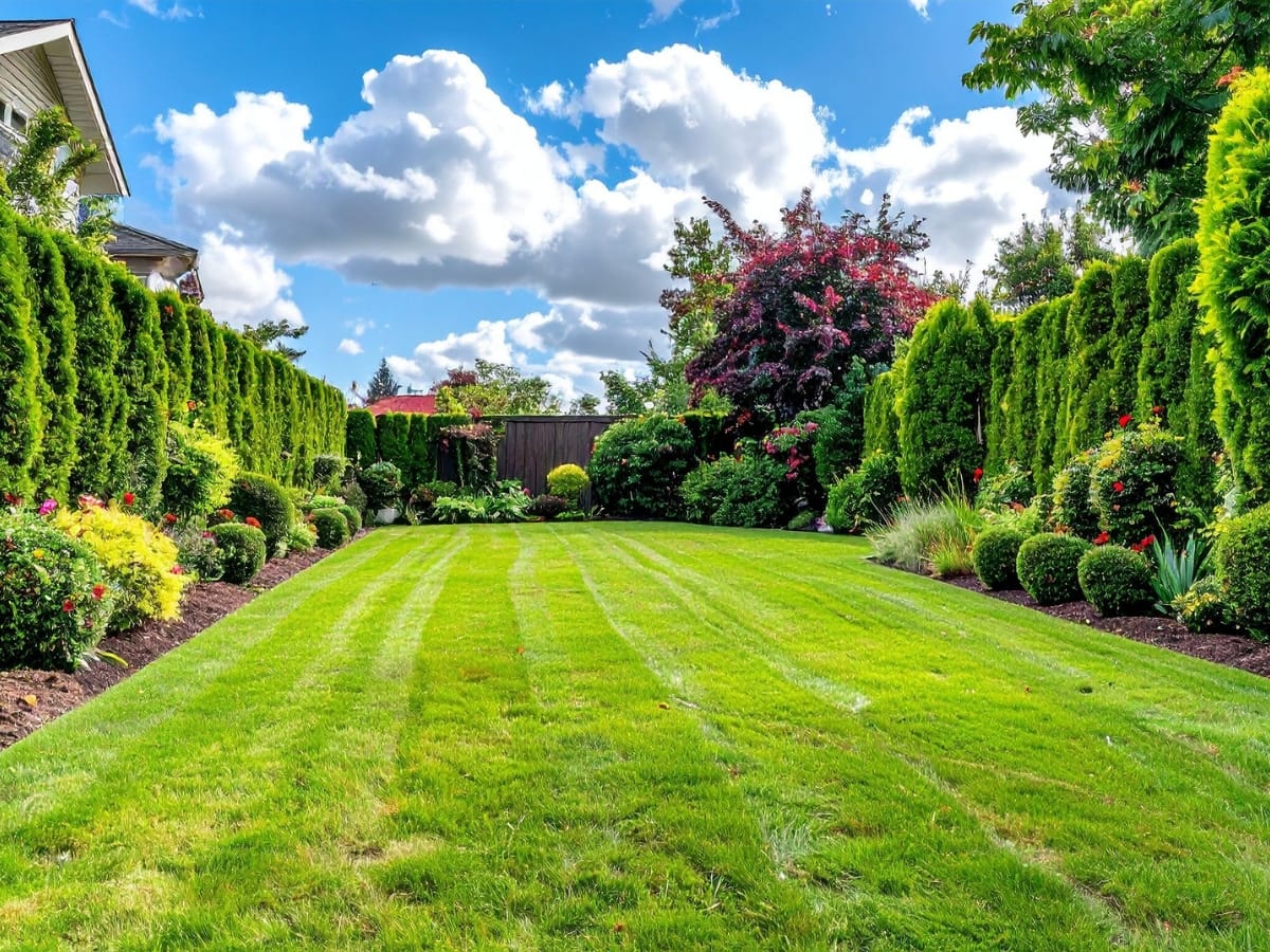 How Flo-Well Systems in Atlanta Can Improve Your Business Property’s Drainage 1 A neatly mowed lawn bordered by manicured shrubs, bushes, and trees under a partly cloudy sky—enhanced with Flo-Well Systems in Atlanta for superior drainage.