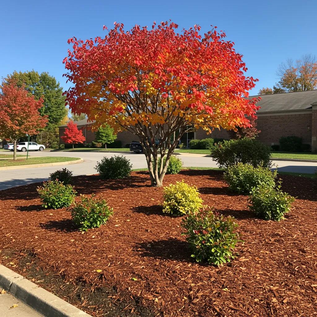 Autumn landscape with commercial mulch installation showcasing vibrant fall colors and healthy garden beds