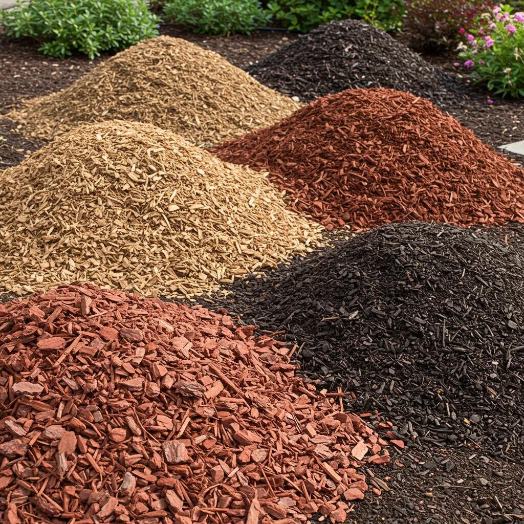 Why Fall Is the Best Time for Commercial Mulch Installation in Vinings GA 3 Display of various mulch types including shredded hardwood, pine bark nuggets, and rubber mulch for commercial landscaping