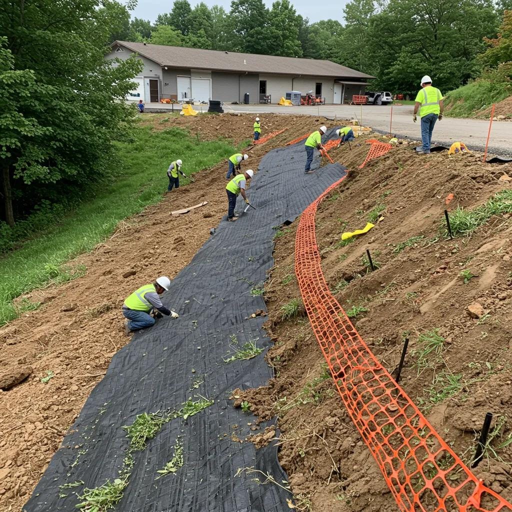 The Role of Commercial Grading Services in Smyrna for Business Landscaping 4 Erosion control techniques being implemented on a commercial property, featuring silt fencing and hydroseed matting