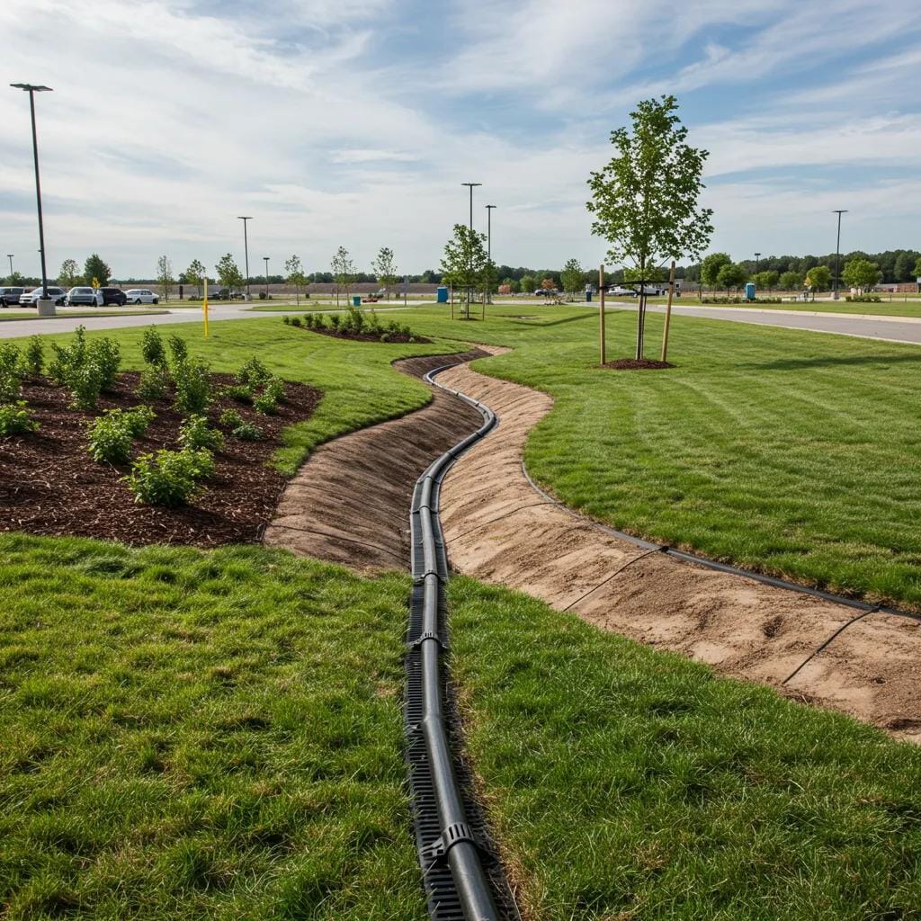 The Role of Commercial Grading Services in Smyrna for Business Landscaping 3 Integrated drainage solutions in a commercial landscape, showcasing swales and French drains