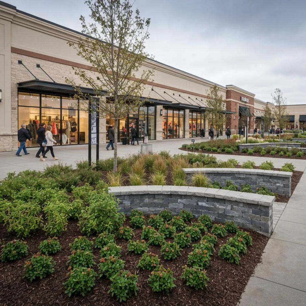 Commercial holiday landscape design in Marietta with seasonal plantings and festive lighting
