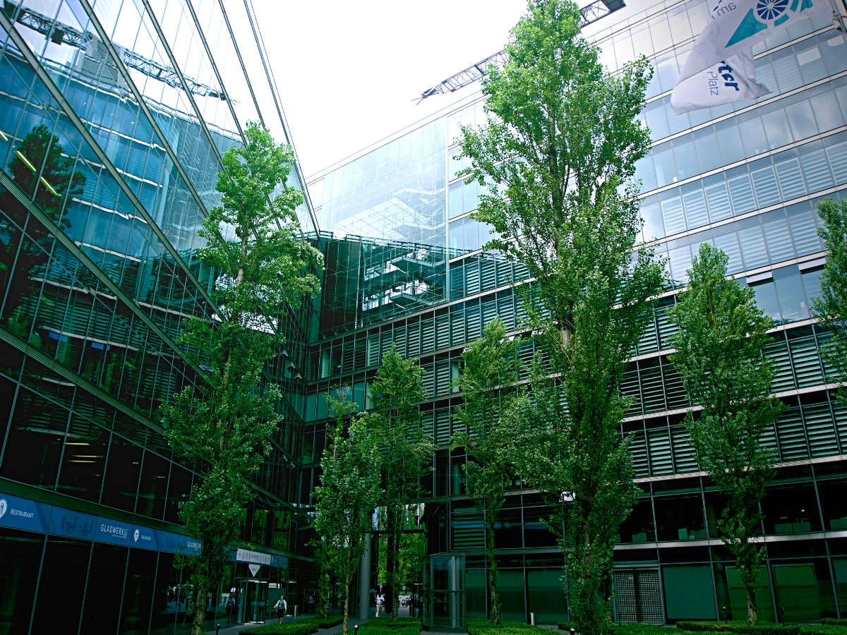 Modern office building with glass exterior walls, surrounded by trees and two white flags on poles at the top right corner—an excellent example of Commercial Landscape Design in Marietta.