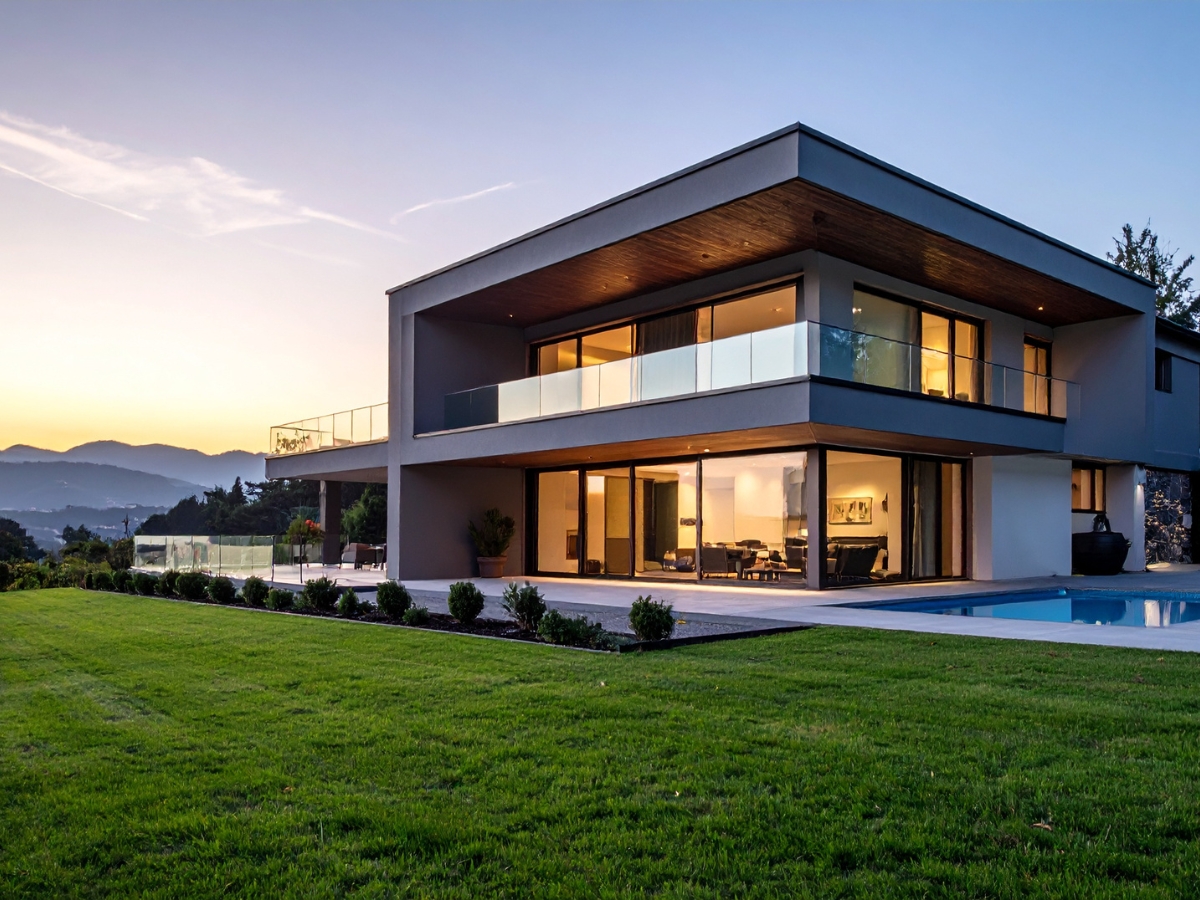 Modern two-story house with large glass windows and balcony, surrounded by a manicured lawn crafted through expert commercial landscape design in Marietta, with mountains visible in the background at sunset.