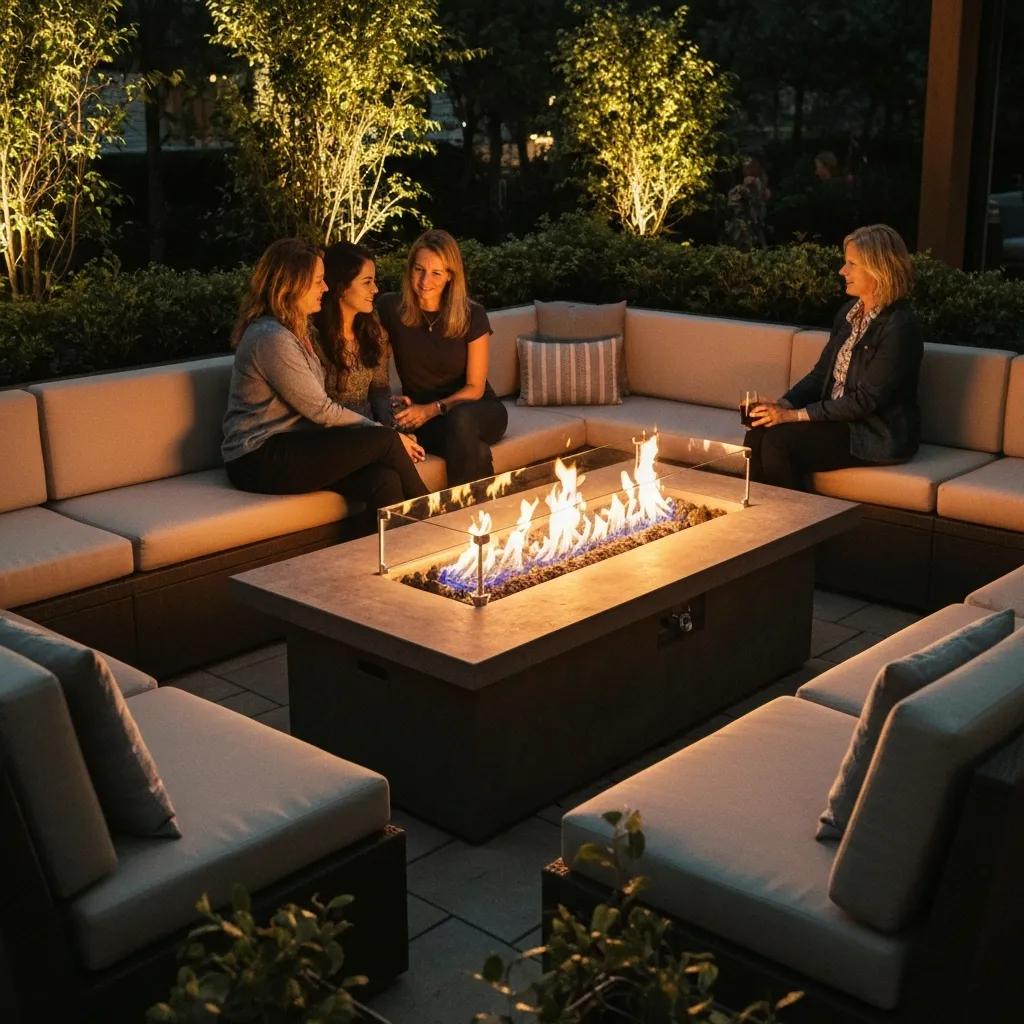 Inviting outdoor fire pit setting with comfortable seating, showcasing warmth and community atmosphere