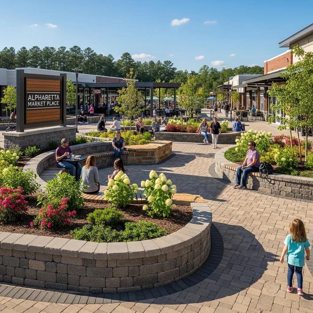 Commercial hardscaping elements in a sunny outdoor space in Alpharetta, GA