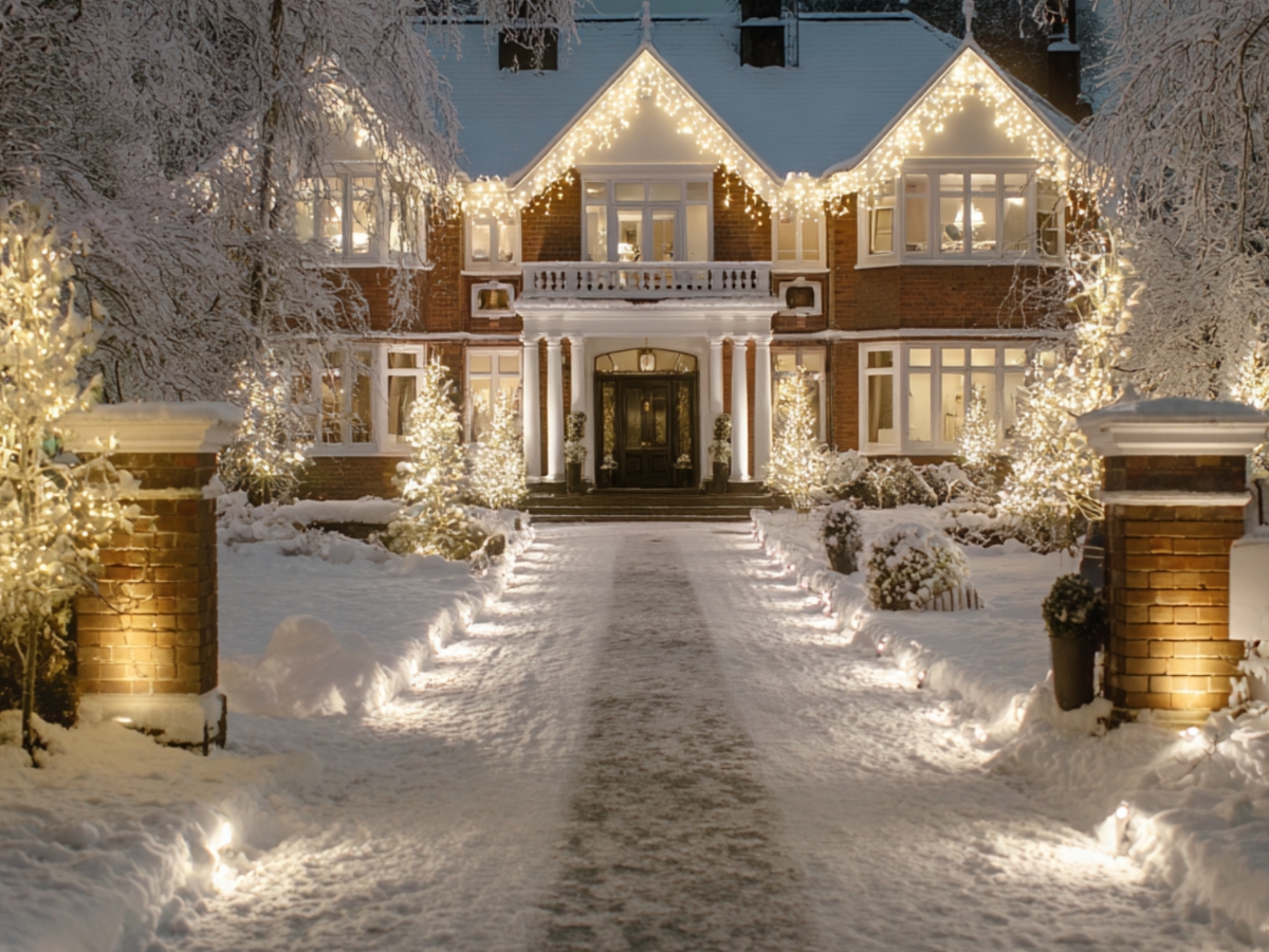 Holiday Landscaping Services Roswell GA Businesses Need 1 A large brick house decorated with white holiday lights sits behind a snow-covered yard and pathway lined with illuminated trees and shrubs at night, showcasing the stunning results of Holiday Landscaping Services Roswell.