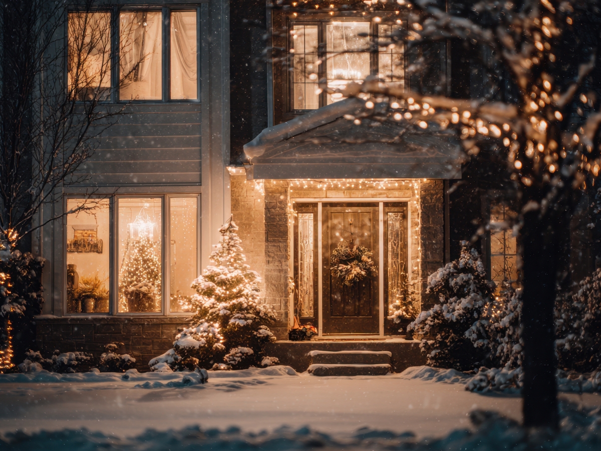 Front entrance of a house decorated with Christmas lights and a wreath, snow covering the ground and trees—expertly styled by Holiday Landscaping Services Roswell—with a lit Christmas tree visible through the window.