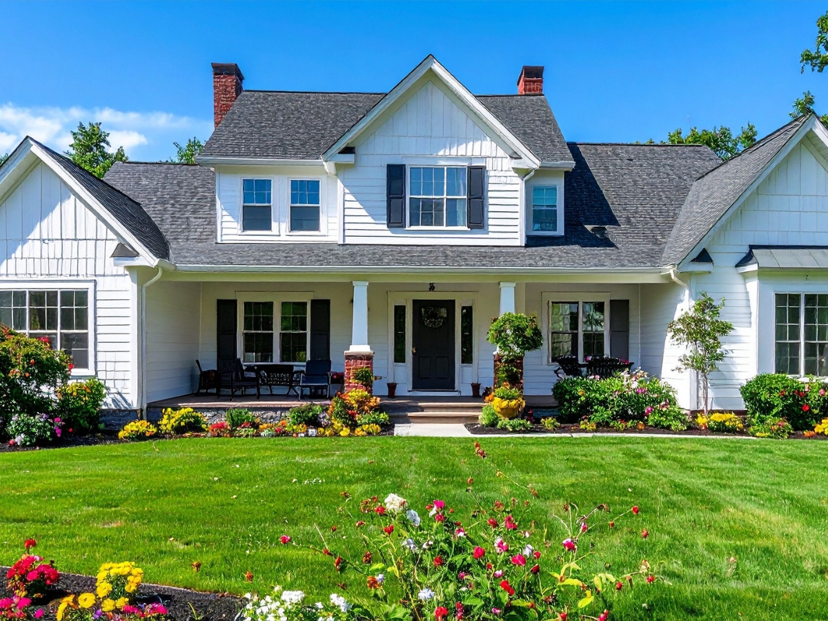 A two-story white house with black shutters features a covered front porch, well-maintained lawn, and flower garden—all enhanced by smart drainage solutions—for beautiful curb appeal on a sunny day.