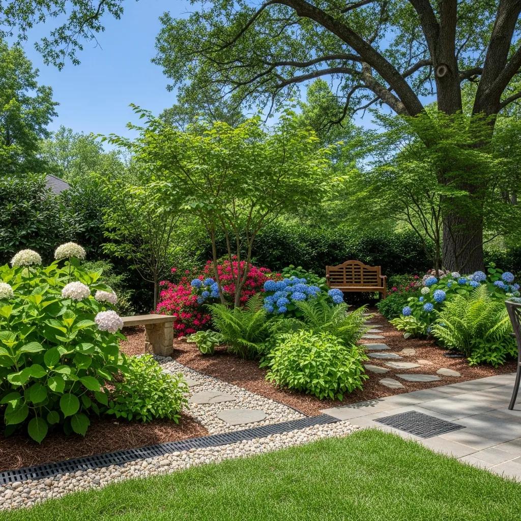 Lush Atlanta yard with effective landscape drainage solutions and healthy plants