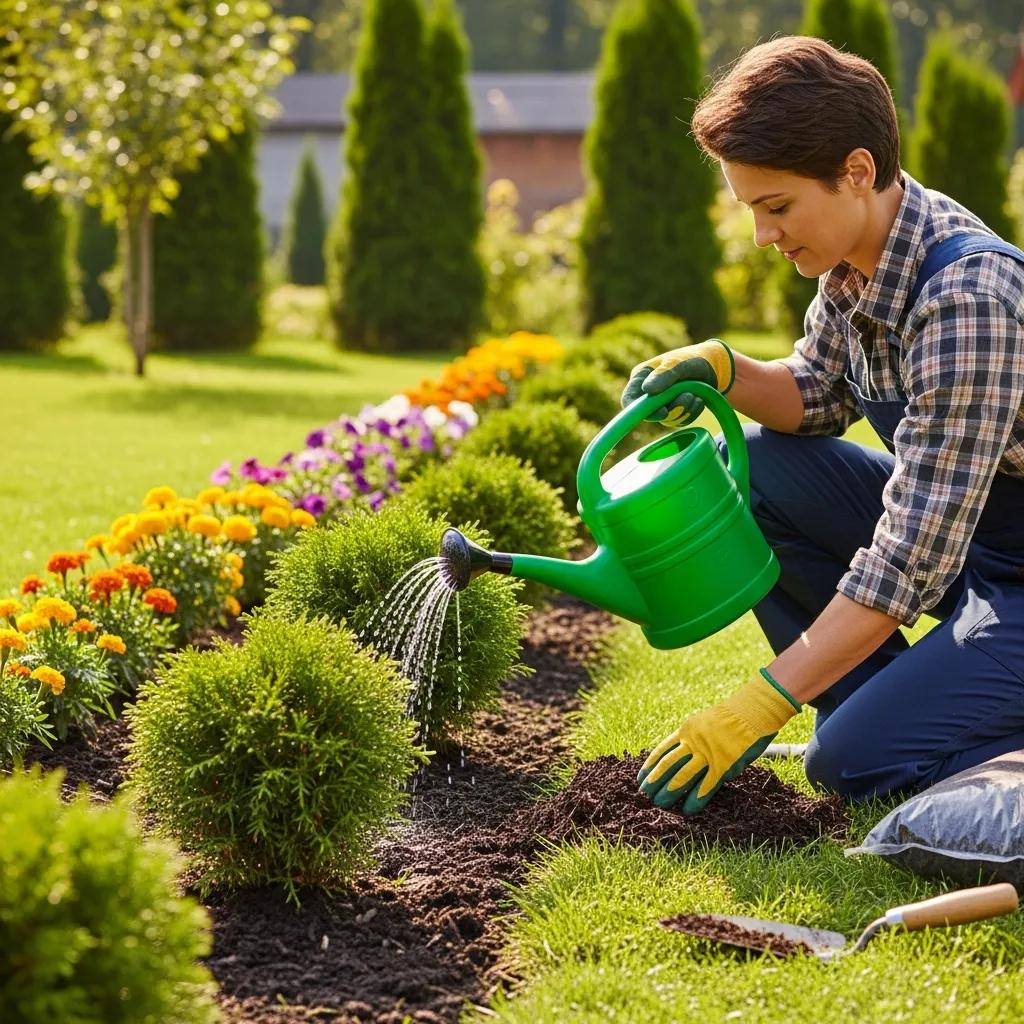 Professional Tree & Shrub Planting Services Atlanta 2 Professional landscaper providing post-planting care to shrubs, illustrating best practices for plant maintenance