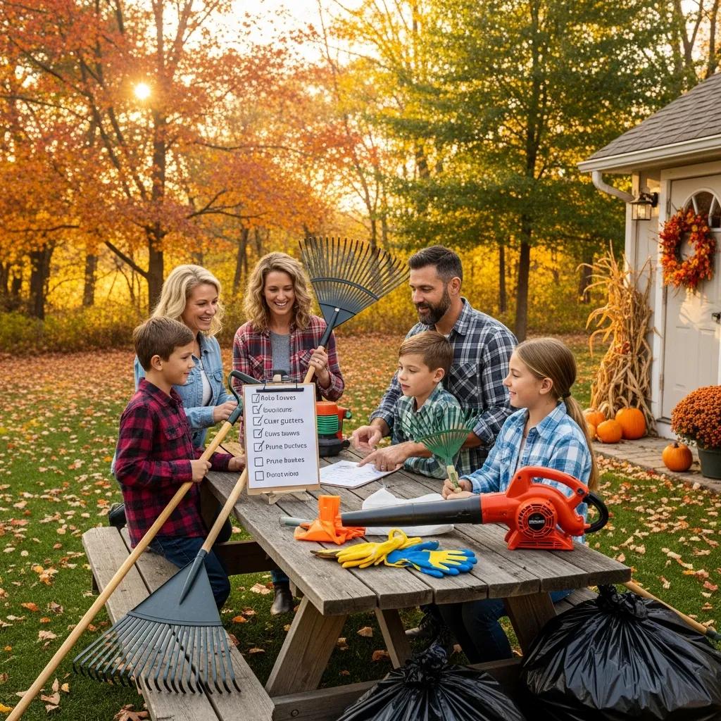 Family planning autumn yard cleanup with tools and checklist in a cozy outdoor setting