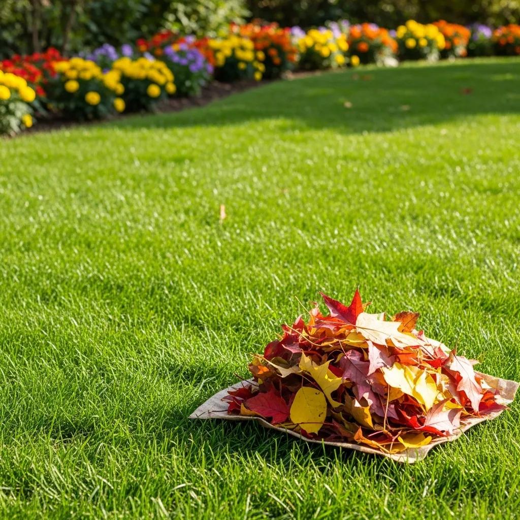 Healthy lawn with vibrant grass and blooming plants after leaf removal