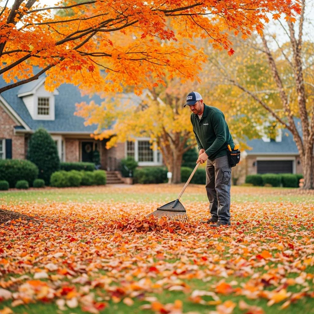 Professional landscaper raking colorful autumn leaves in a well-maintained Atlanta yard