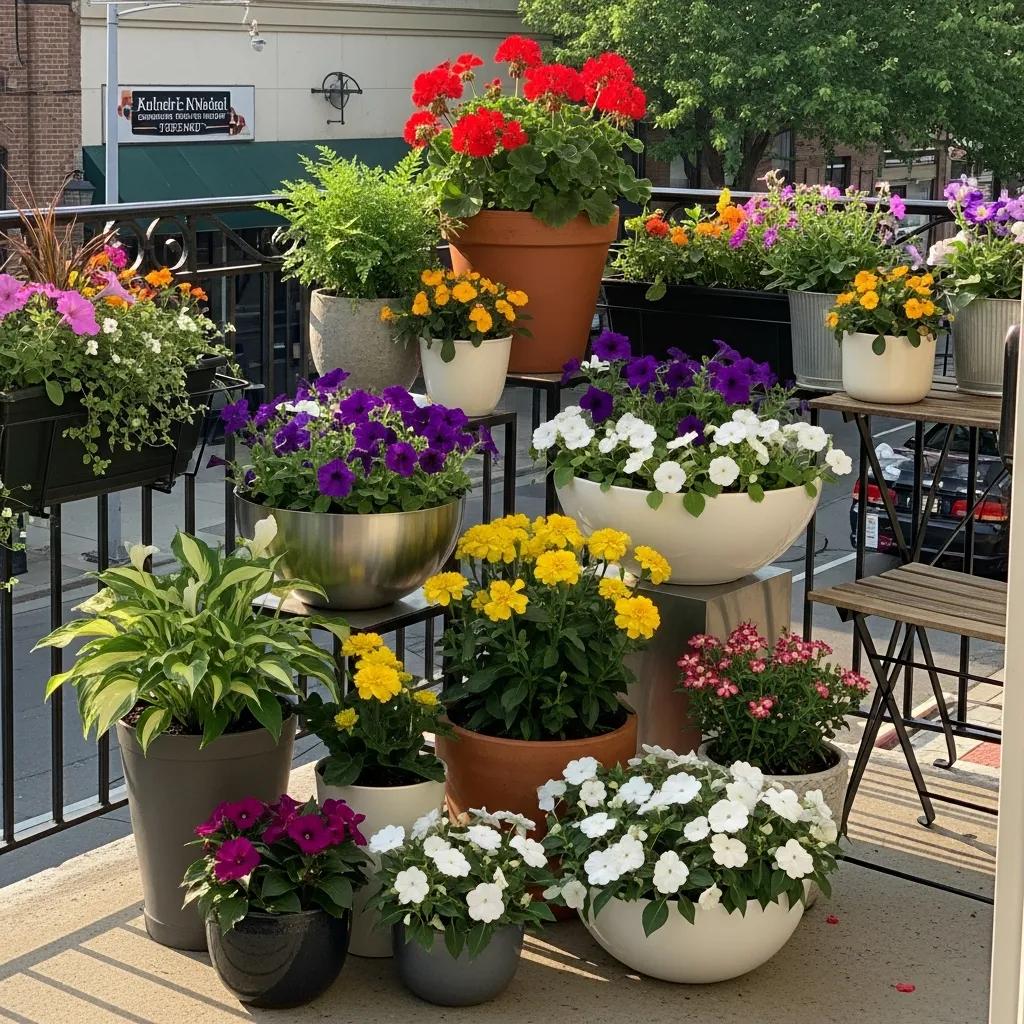 Stylish container garden with colorful flowers enhancing a commercial property, showcasing the benefits of seasonal planting